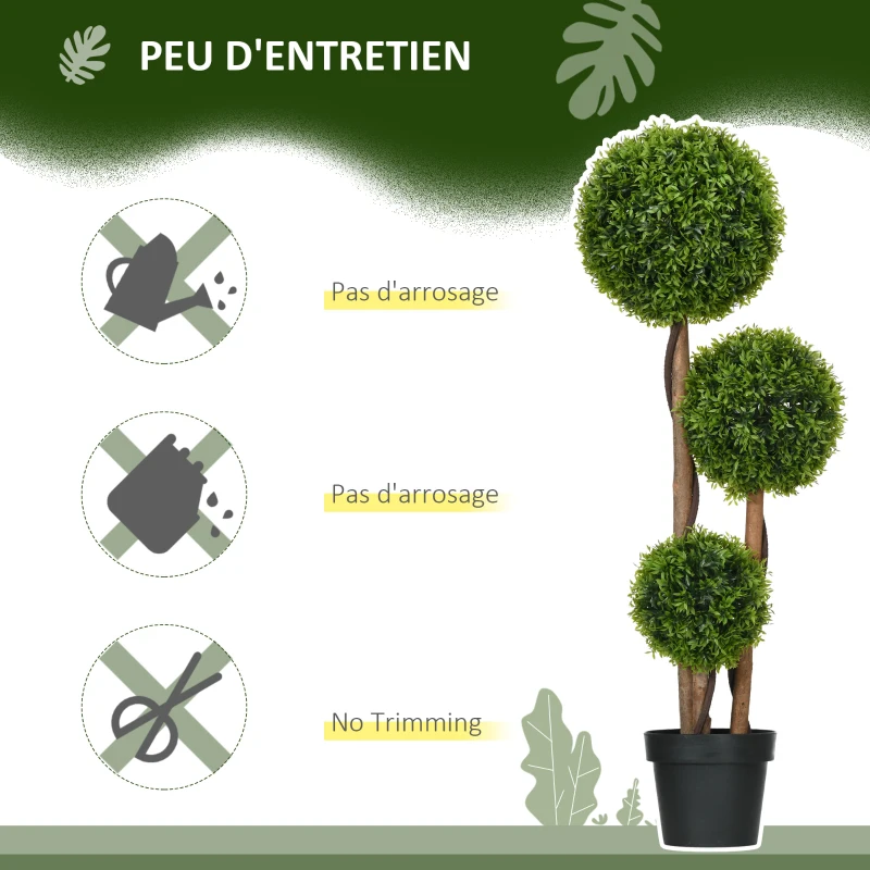 HOMCOM Artificial boxwood tree with 3 bamboo-leaf spheres, pot included, indoor and outdoor, 110 cm height, green
