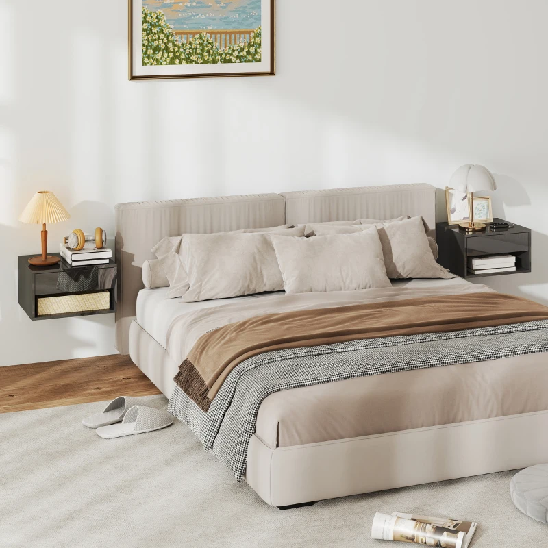 HOMCOM Juego de 2 Mesitas de Noche Flotantes Mesillas de Noche con Cajón para Dormitorio 37x32x21 cm Negro Brillo
