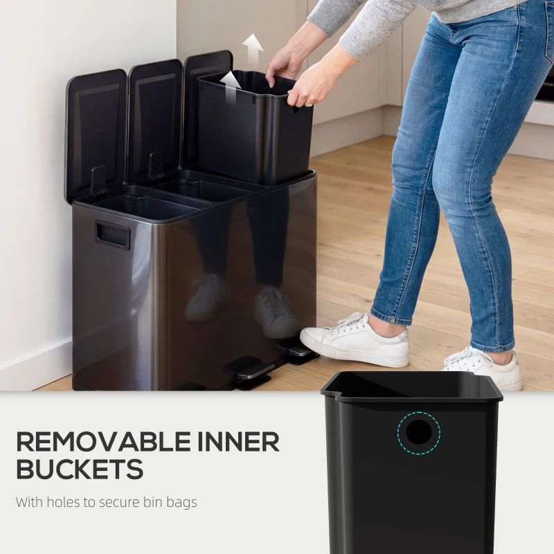 HOMCOM 3 x 15L Pedal Bin, Steel Triple Kitchen Bin with Soft Close Lid, Removable Inner Buckets, Fingerprint-Proof, Black