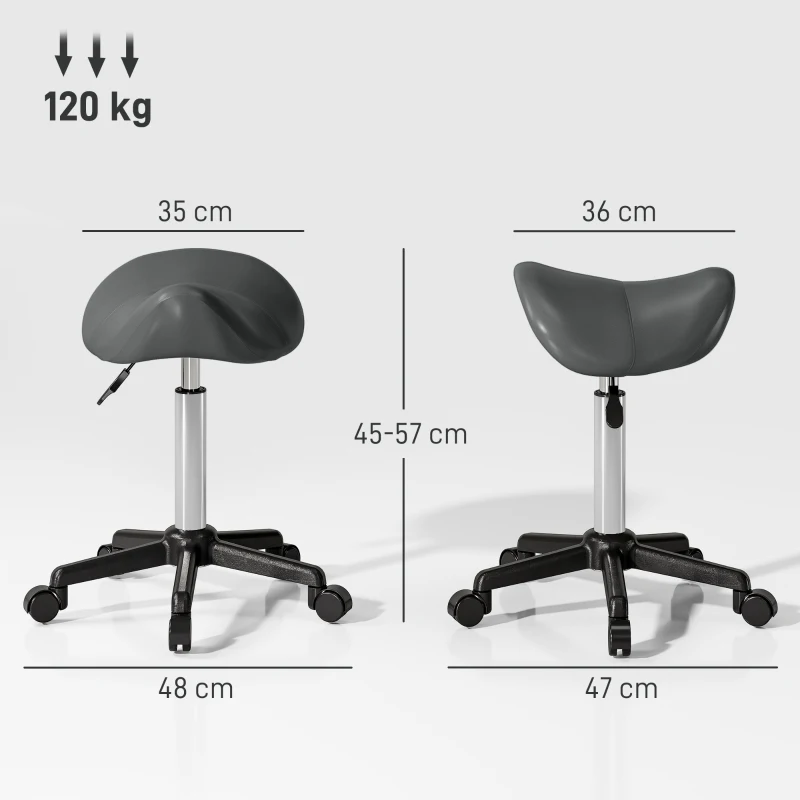 HOMCOM Rolling stool, work chair with adjustable height 45-57 cm and ergonomic saddle, 48x47x45-57cm, gray