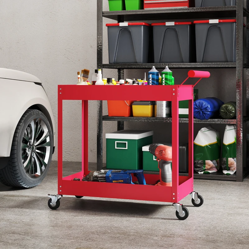 DURHAND 2-Tier Workshop Trolley with Side Handle & Locking Casters, 84.5x38x84 cm, red