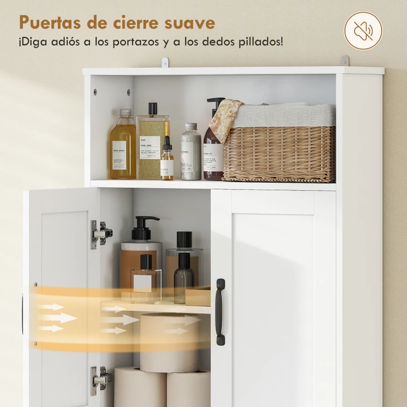 HOMCOM Armario sobre Inodoro Mueble de Baño con 2 Puertas de Cierre Silencioso Estante Abierto 64x21x173,5 cm Blanco