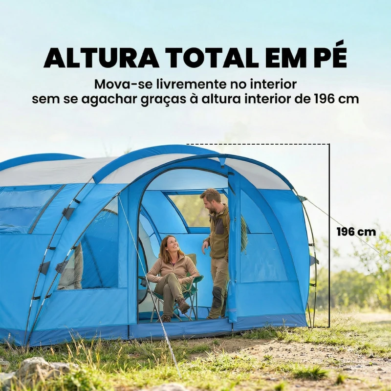 Outsunny Tenda de Campismo Familiar Tipo Túnel para 4 Pessoas com 2 Quartos Porta 4 Janelas Impermeável Montagem Fácil Azul