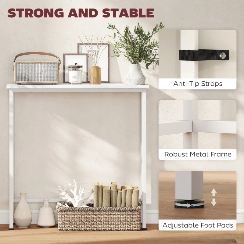 HOMCOM Modern Console Table, Entryway Table with Marble-Grain Top and Metal Frame for Living Room, Hallway, White