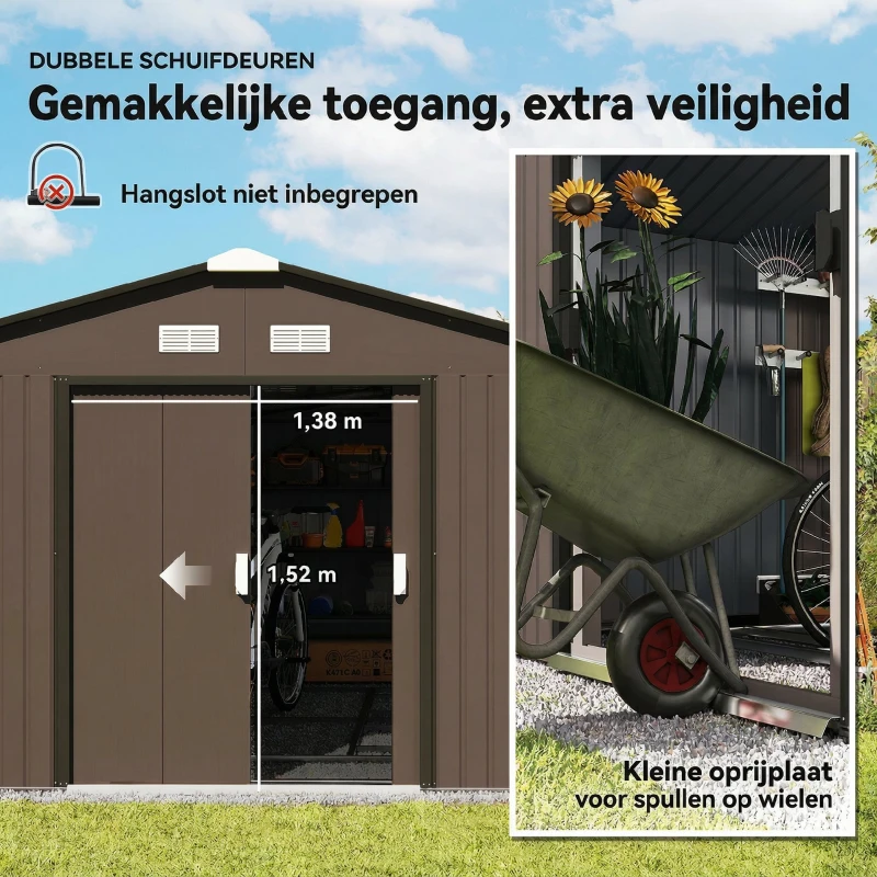 Outsunny Tuinschuur, Weerbestendig Tuinhuis voor Tuingereedschap, met Ventilatieramen, Schuifdeuren, Staal, Bruin