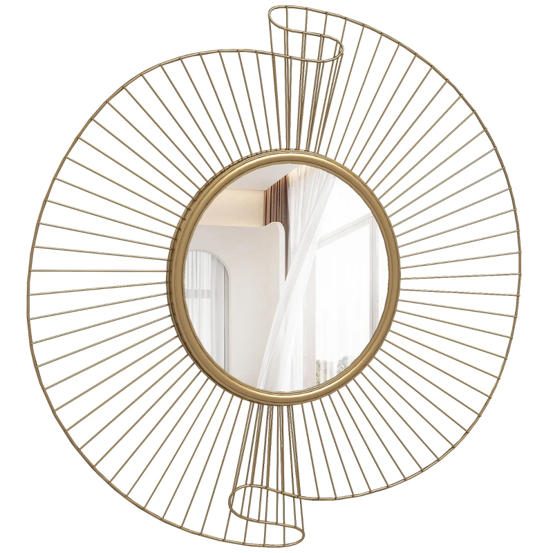 HOMCOM Decorațiune de Perete Oglindă Rotundă, Oglindă Modernă cu Benzi din Metal și Design Plisat, Artă Decorativă pentru Living, Dormitor și Intrare, 60x60 cm, Auriu