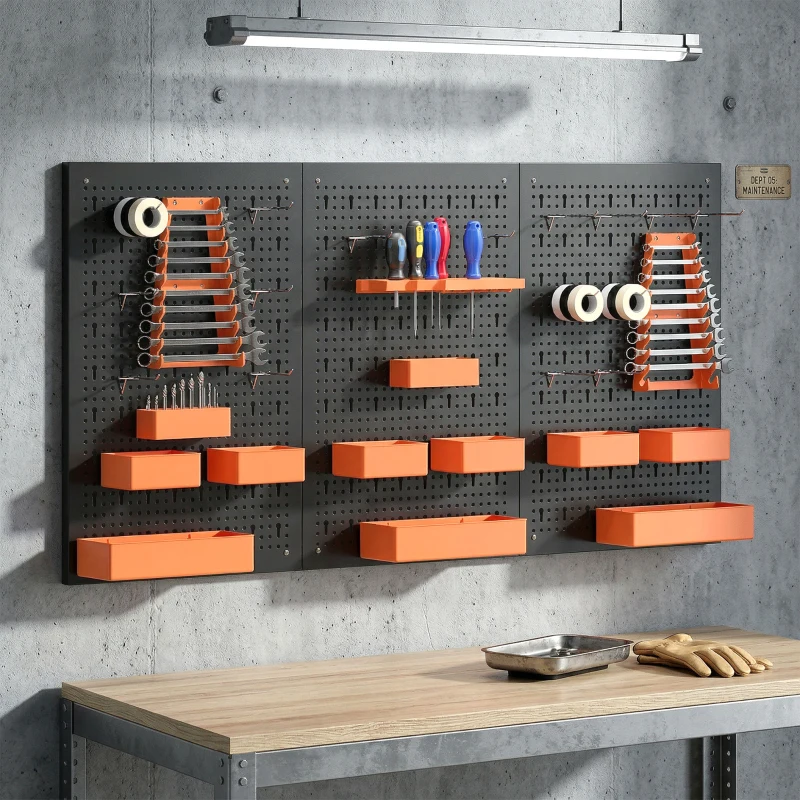 HOMCOM Organizador de Ferramentas de Parede de 33 peças 120x60 cm com Ganchos Contentores e Prateleiras Preto e Laranja