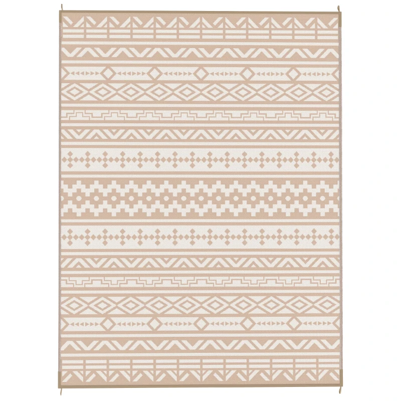 Outsunny Reversible Outdoor Rug 3.7 x 2.7 m, Geometric Wall-Pattern PP Floor Mat Carry Bag Khaki and Light Beige