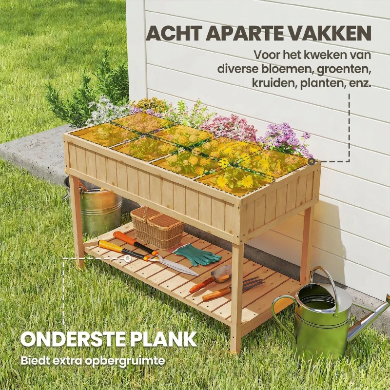 Outsunny Verhoogd Bed 8 Compartimenten Plantentafel Bloembak Sparrenhout 1 Plank + Afvoer