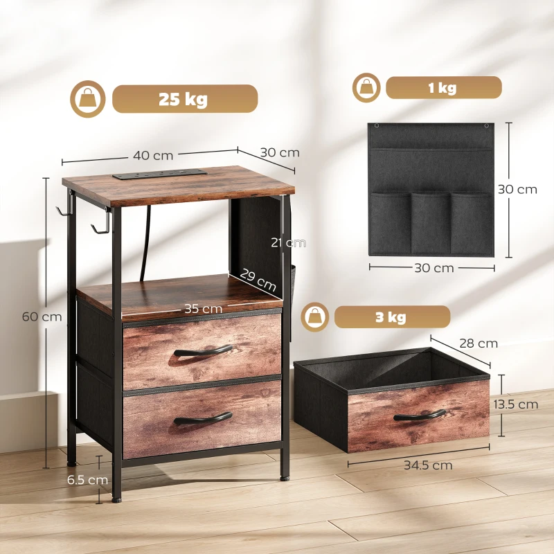 HOMCOM Bedside Table with Charging Station - Rustic Brown