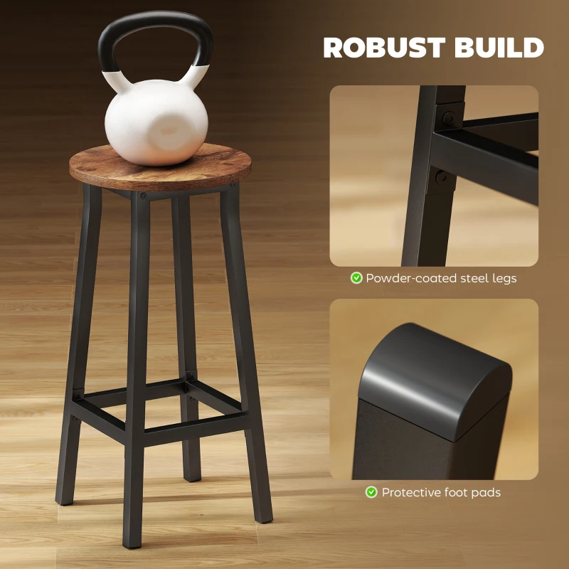 HOMCOM Bar Stools Set of 2 Breakfast Bar Stools with Footrest, Industrial Round, 32 x 32 x 65 cm, Rustic Brown