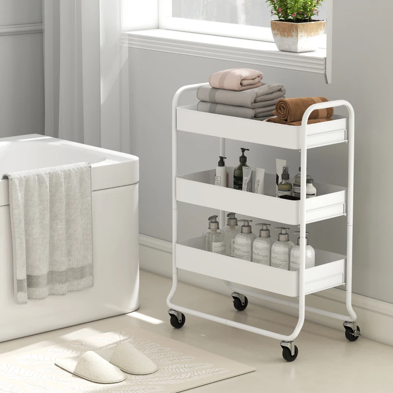 HOMCOM 3-Tier Storage Trolley on Wheels, Rolling Utility Cart with Mesh Backets for Kitchen, Bathroom, Bedroom, White