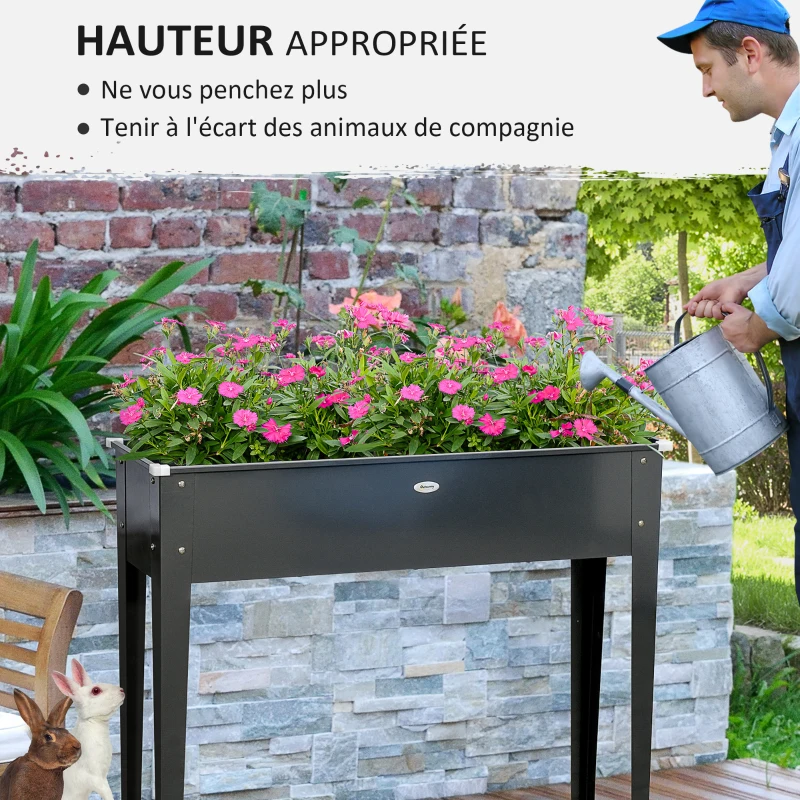 Outsunny Raised square planter bed with drainage hole galvanized steel 100 x 30 x 80 cm black