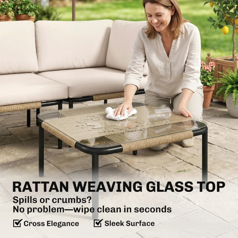 Outsunny Conjunto de Móveis de Jardim em Polyrattan 5 peças Lounge com 3 Poltronas Mesa de Vidro Puff Assento Largo & Profundo Almofadas Removíveis