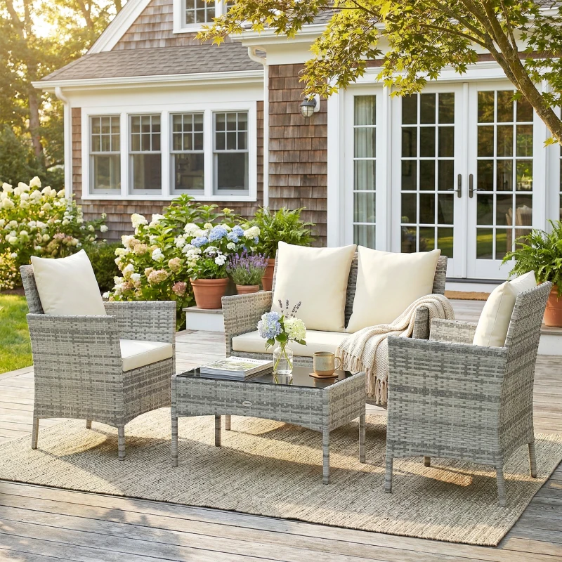 Outsunny 4-teiliges Rattan-Garten-Loungeset mit 2-Sitzer-Sofa, 2 Stühlen, Couchtisch, Grau