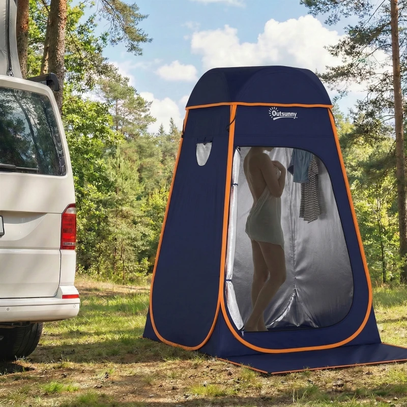 Outsunny Tente de douche portable Pop Up Toilette tente de camping Pliable Toit Amovible Poche Sac 152 x 152 x 200 cm bleu foncé