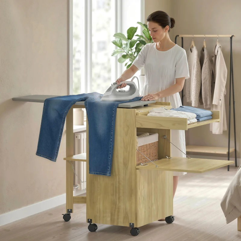 HOMCOM Armoire-table à repasser pliable avec porte-fer et porte-vêtements avec compartiment ouvert,154x55x87 cm, Bois naturel