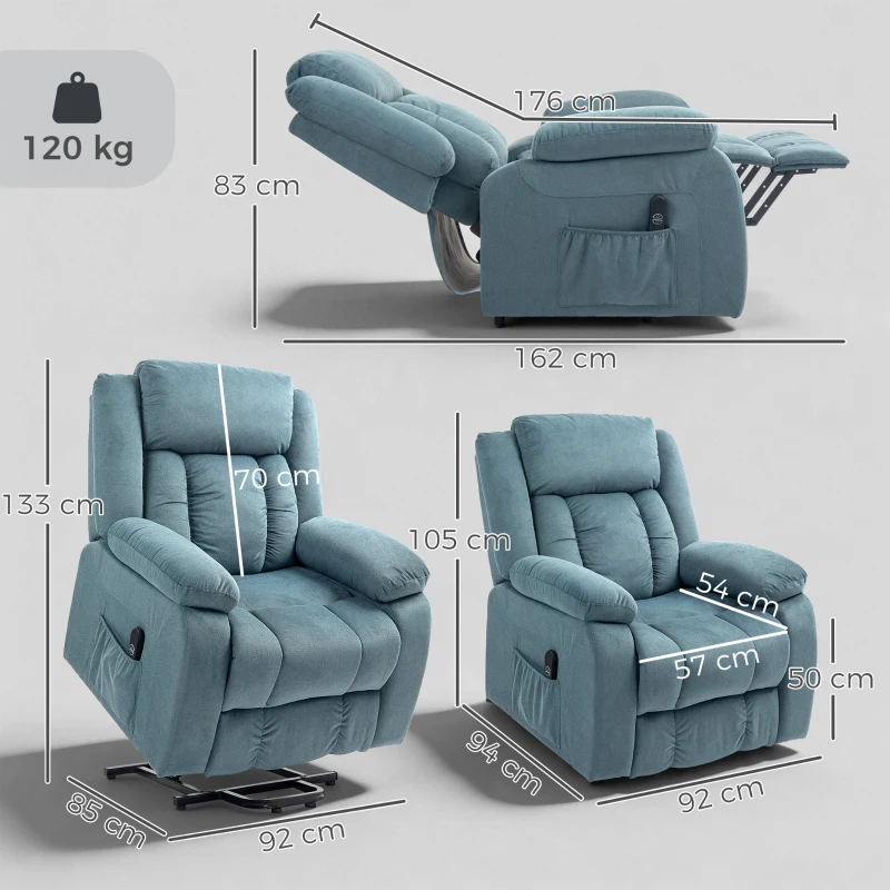 HOMCOM Sillón Relax Reclinable Eléctrico Levanta Personas con Mando a Distancia y Bolsillos Laterales Sillón Elevador Azul