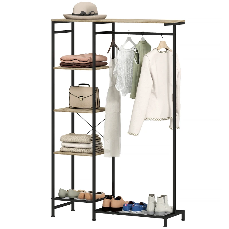 HOMCOM Freestanding Coat Rack Stand, Modern Hall Tree with Clothes Rail, Mesh Shoe Rack and Metal Frame for Hallway, Living Room, Bedroom, Oak and Black