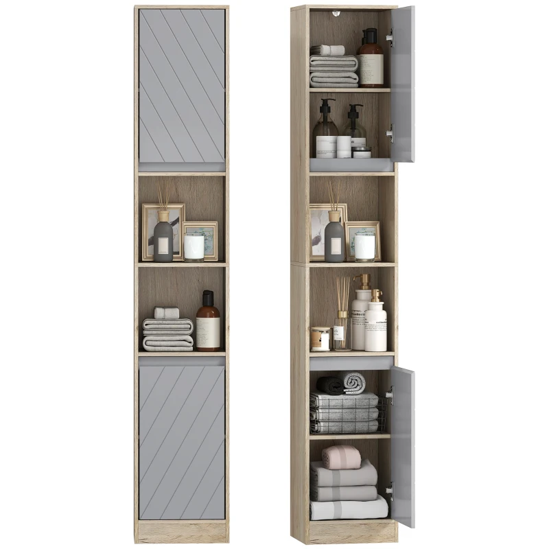 HOMCOM Freestanding Bathroom Storage Cabinet w/ 2 Cupboards 2 Compartments Home Organisation Anti-Tipping Elevated Base 30L x 24W x 170H cm Grey&Brown