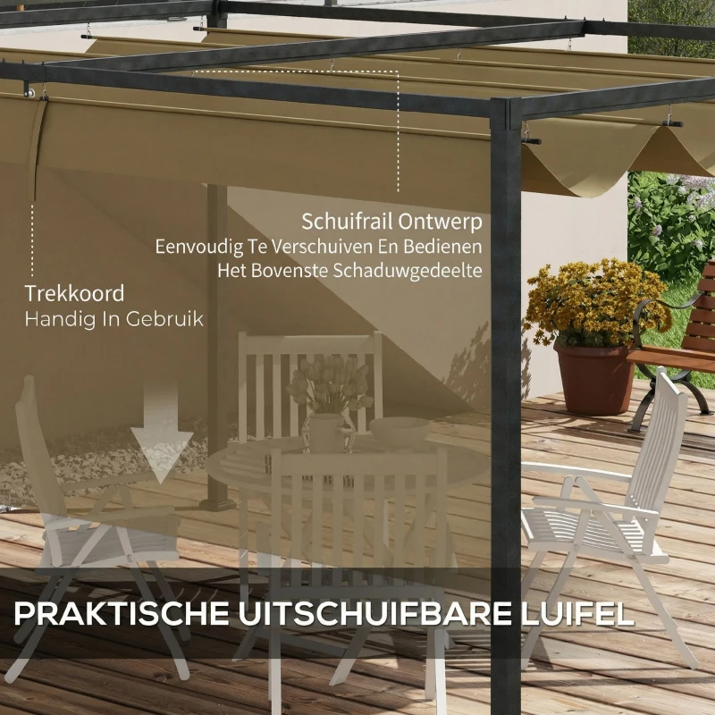 Outsunny Pergola, Robuuste Zonwering voor Tuin, Balkon, Terras, van Metaal en Kunststof, UV- en Waterafstotend, Khaki