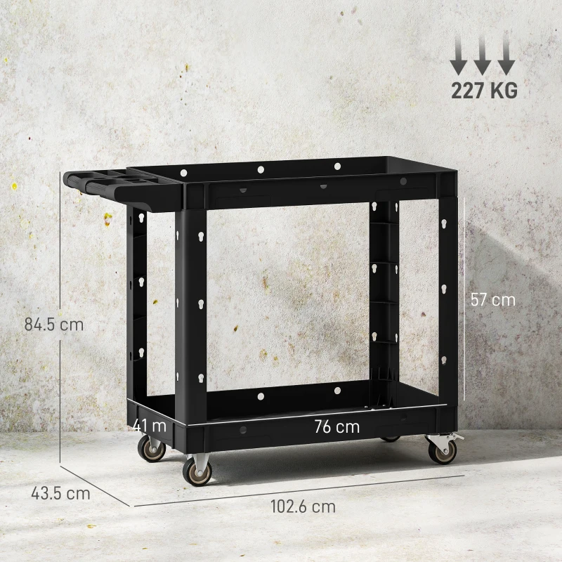 HOMCOM 2-tier workshop trolley with side handle for garage, warehouse, DIY tools, black