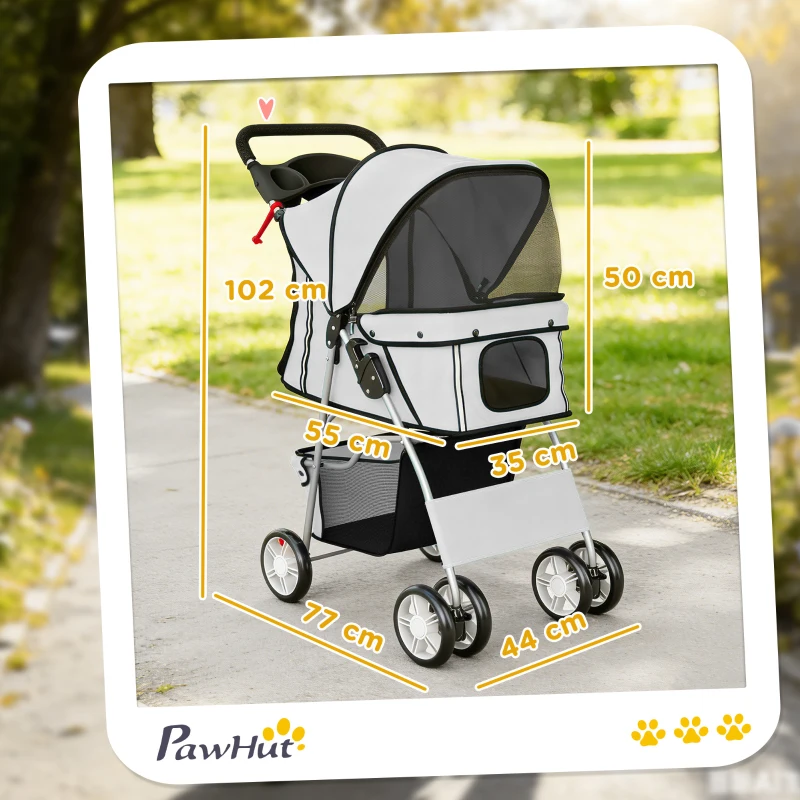 PawHut Dog Pram, Pet Stroller with Reflective Strips, Foldable Cat Stroller with 360° Swivel Wheels, Grey
