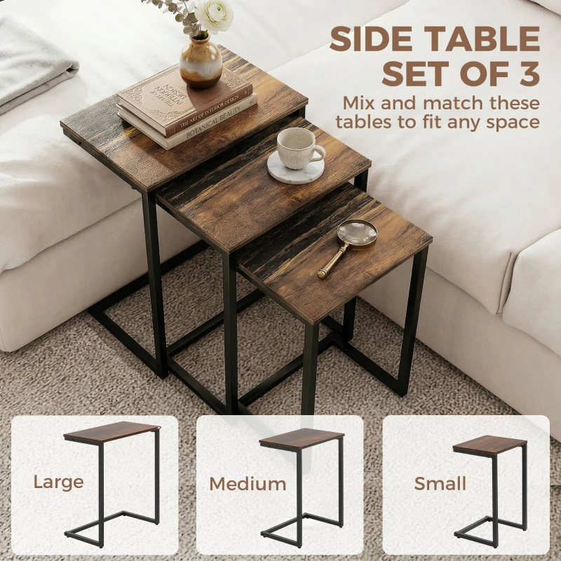 HOMCOM Nesting Side Tables Set of 3, C-Shaped Snack Side Tables with Steel Frame for Sofa Couch and Bed, Rustic Brown