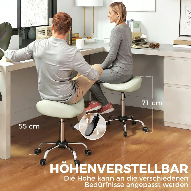 HOMCOM Sattelstuhl, höhenverstellbarer Rollstuhl mit PU-Leder für Massage, Spa, Klinik, Beauty und Tattoo, Cremeweiß