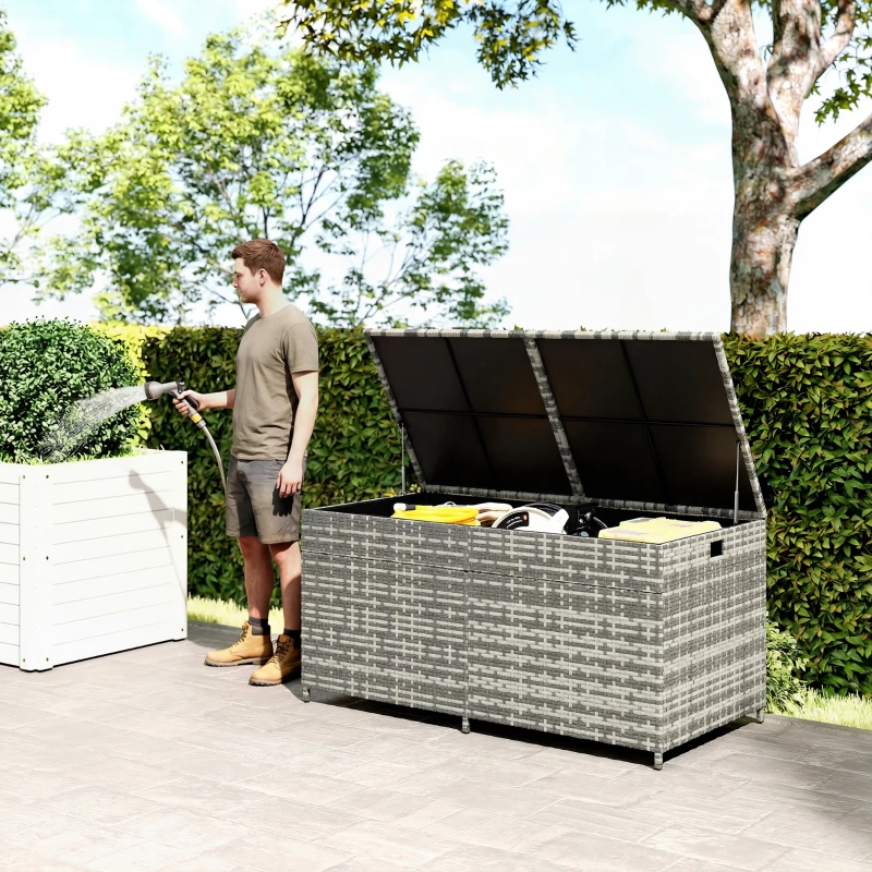 Outsunny 650L Garden Storage Box with 2 Wheels, Rattan Deck Box with Waterproof Zipped Liner, Safe Pneumatic Rods, Mixed Grey