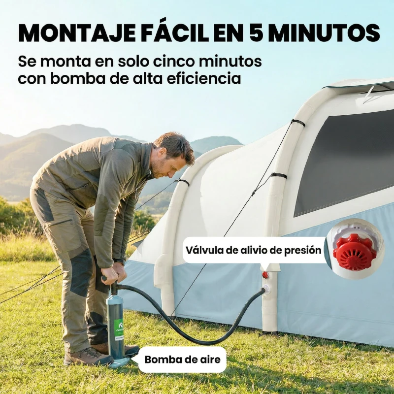 Outsunny Tienda Campaña Inflable 2-3 Personas con Bomba Dormitorio y Zona de Estar Impermeable 3000 mm Montaje Rápido Azul Claro