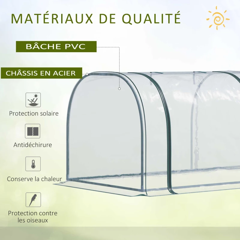 Outsunny Mini Serre de Jardin mini serre tunnel serre à tomates 3,5L x 1l x 0,8H m Acier PVC Haute densité Anti-UV 3 fenêtres avec Zip enroulables Vert et Transparent