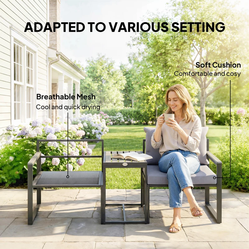 Outsunny 3-częściowy zestaw mebli balkonowych: 2 fotele ze stolikiem, zdejmowane poduszki na siedzisko i oparcie, oddychające pokrowce, szary