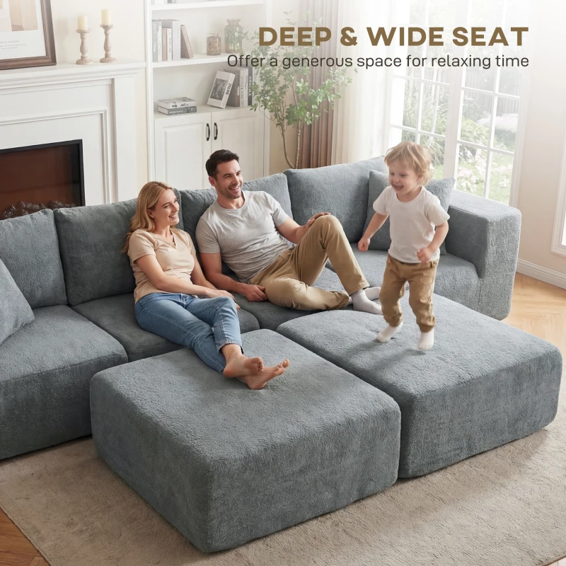 HOMCOM Modułowa narożna sofa, sofa w kształcie U z szerokimi i głębokimi siedziskami, 2 pufy, ciemnoszara