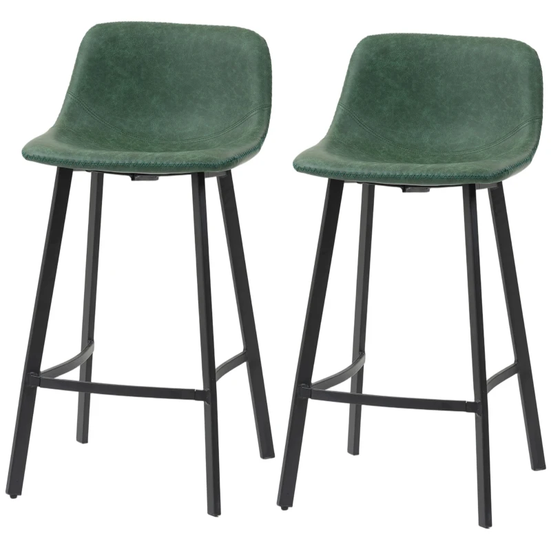 HOMCOM Bar Stools Set of 2, PU Leather Dining Stools with Backrest, Footrest, for Kitchen, Counter, Breakfast Bar, Green