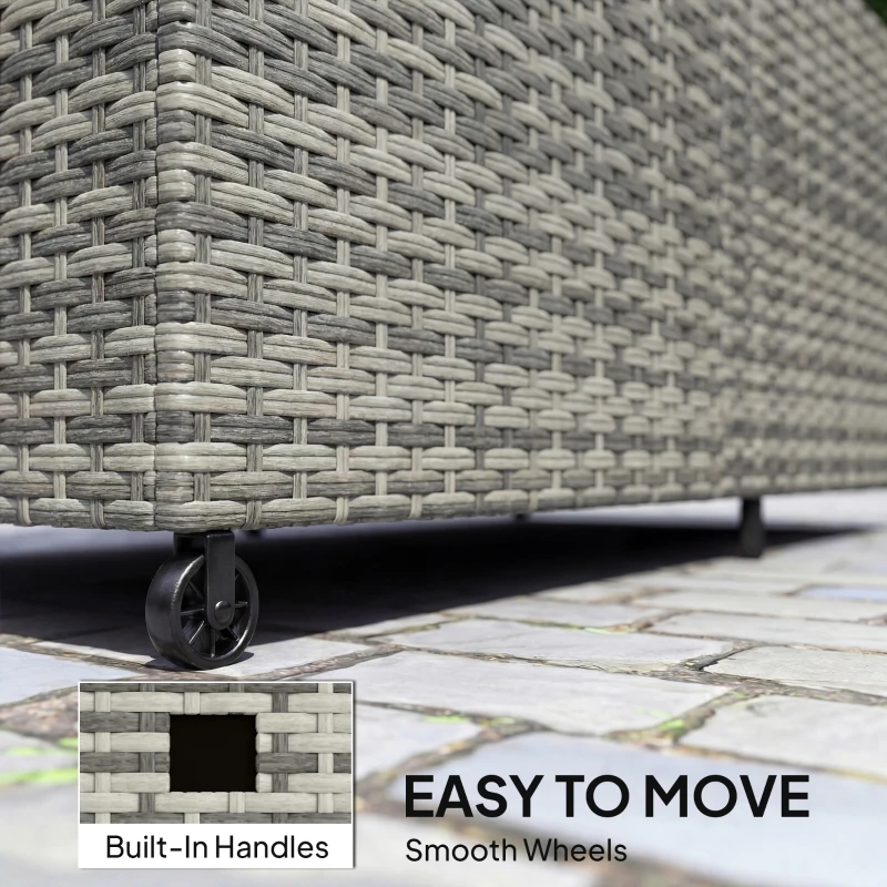 Outsunny 650L Garden Storage Box with 2 Wheels, Rattan Deck Box with Waterproof Zipped Liner, Safe Pneumatic Rods, Mixed Grey