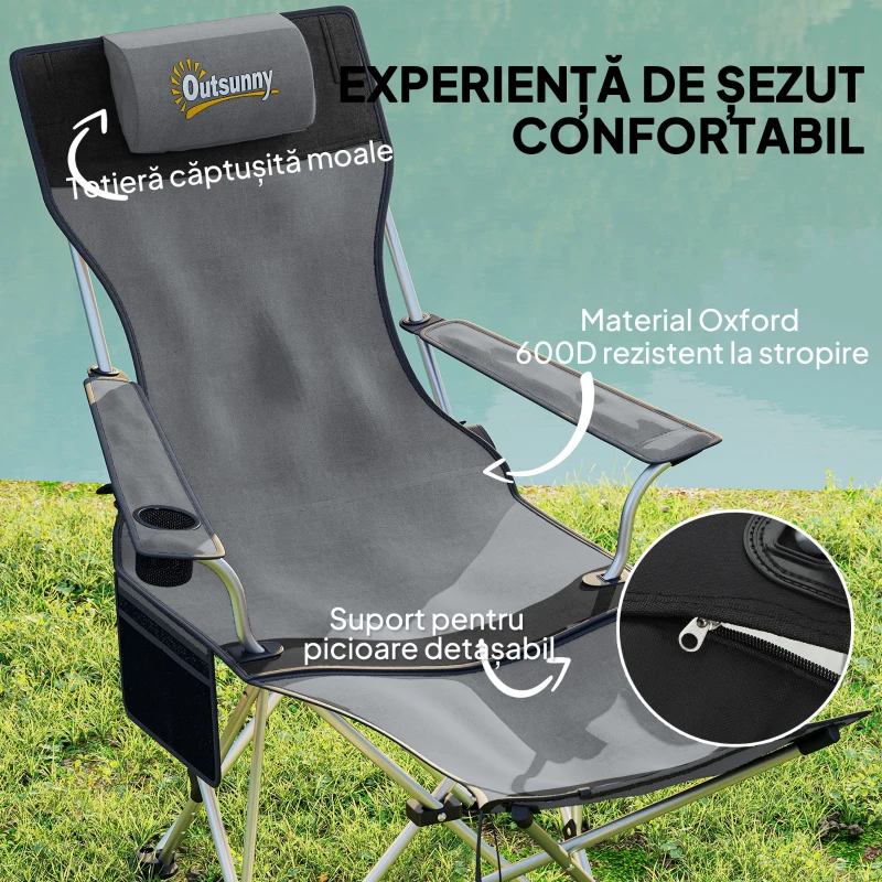 Outsunny Set de 2 Scaune de Camping Pliabile cu Suport pentru Picioare Detașabil, 82x100x88 cm, Negru