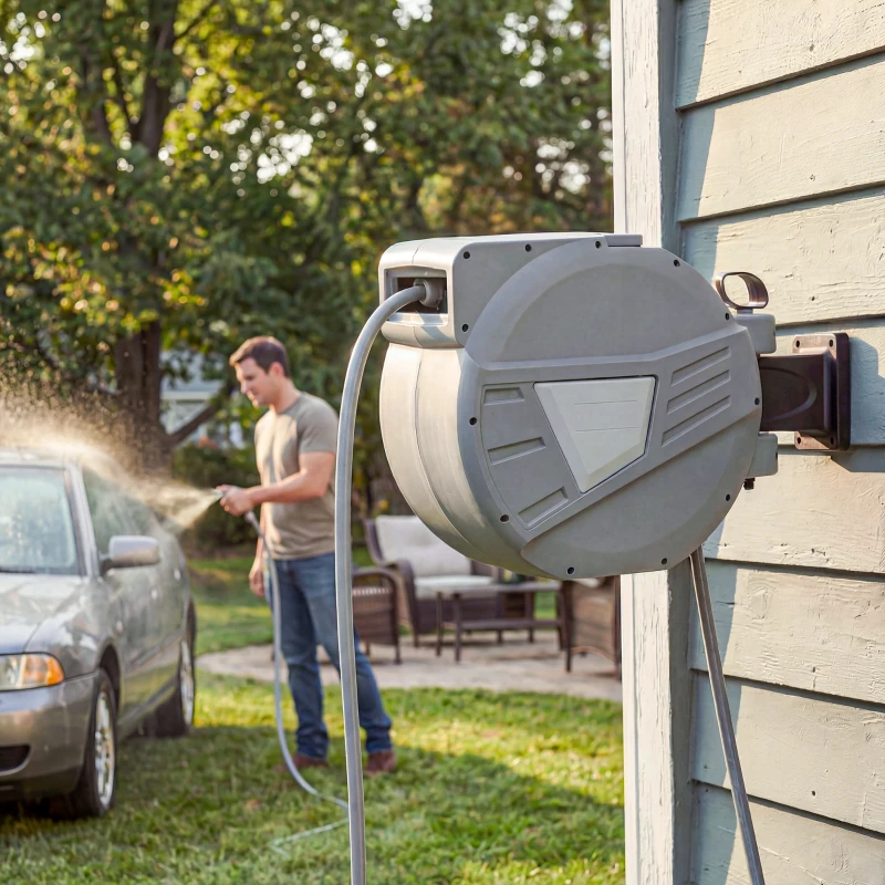 Outsunny Wall-Mounted Hose Reel 20+1.6m x Ø 15mm, Automatic Retractable Water Hose Reel, 180° Swivel, Gray