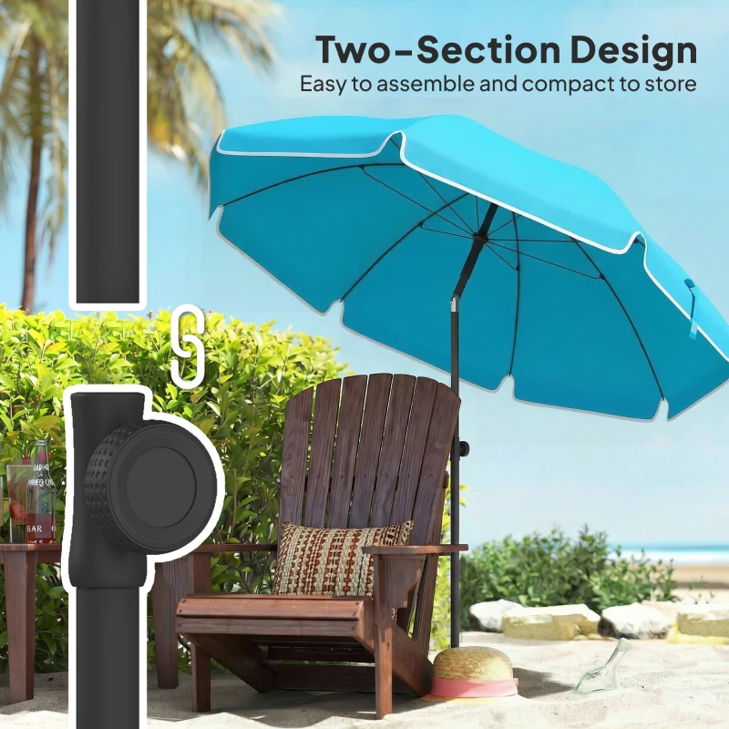 Outsunny Parasol plażowy Ø150 cm wodoodporny, składany parasol z kotwicą do piasku, regulowanym nachyleniem i torbą do przenoszenia, niebieski
