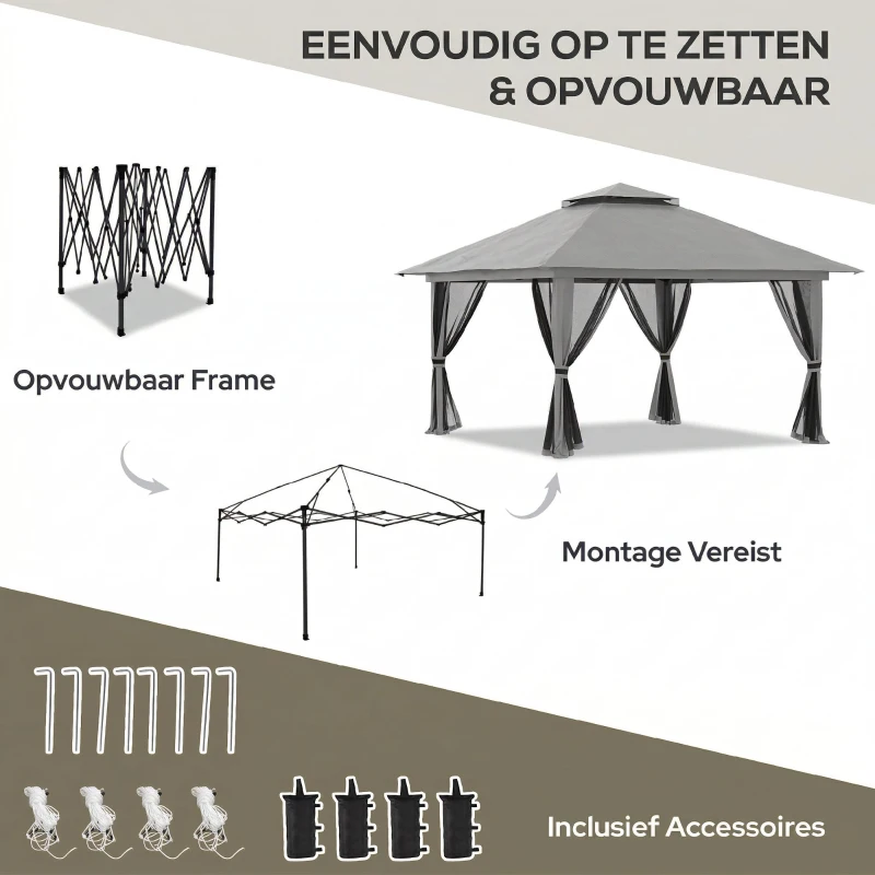Outsunny Tuinpaviljoen 4x4 met Ventilatiedak, Snelle Montage en 4 Gaaswanden, Donkergrijs