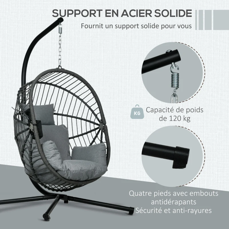 Outsunny Hanging egg chair, indoor and outdoor hammock swing chair, foldable basket, padded cushion, gray