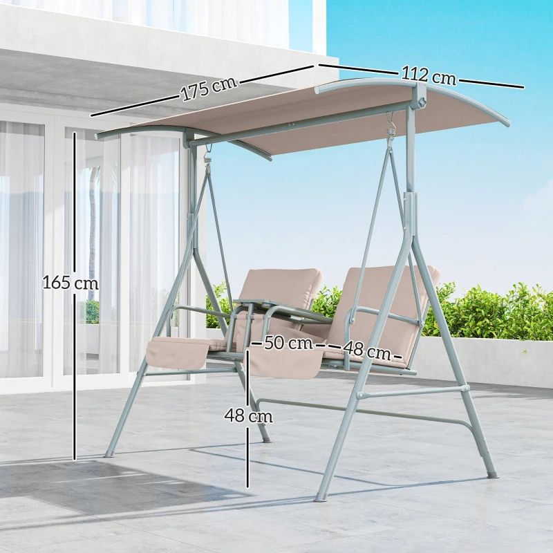 Outsunny 2 Seater Garden Swing Chair Patio Rocking Bench w/ Tilting Canopy, Double Padded Seats, Storage Bag and Tray, Beige