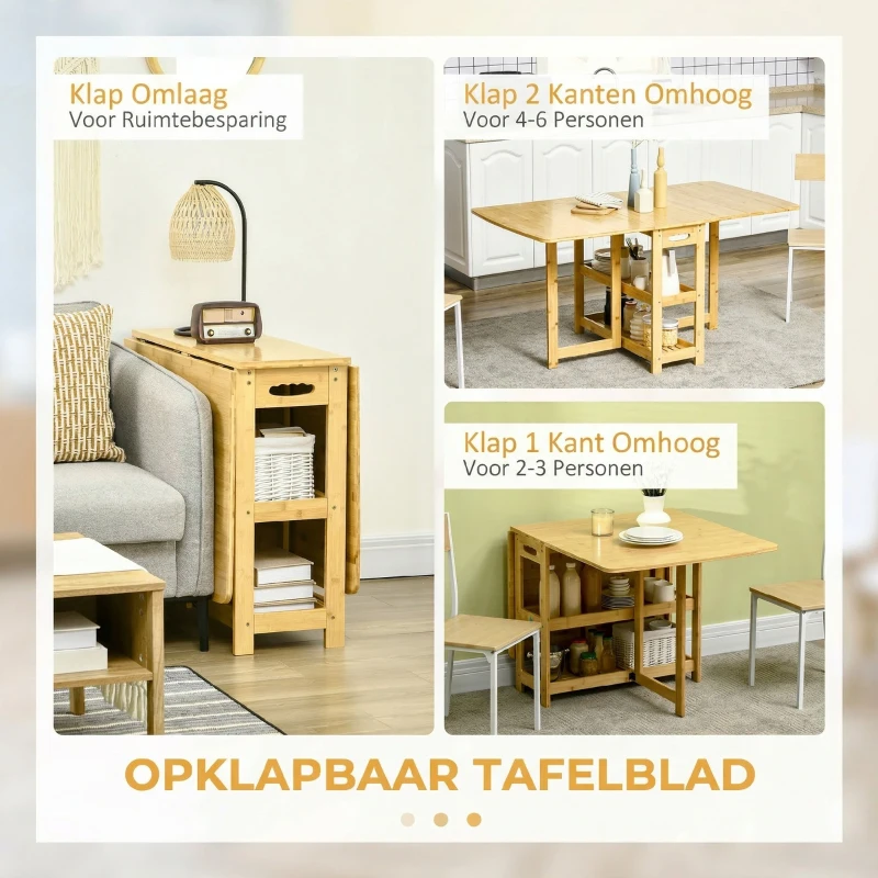 HOMCOM eettafel klaptafel met opbergvakken eetkamertafel keukentafel naturel hout(m-5)