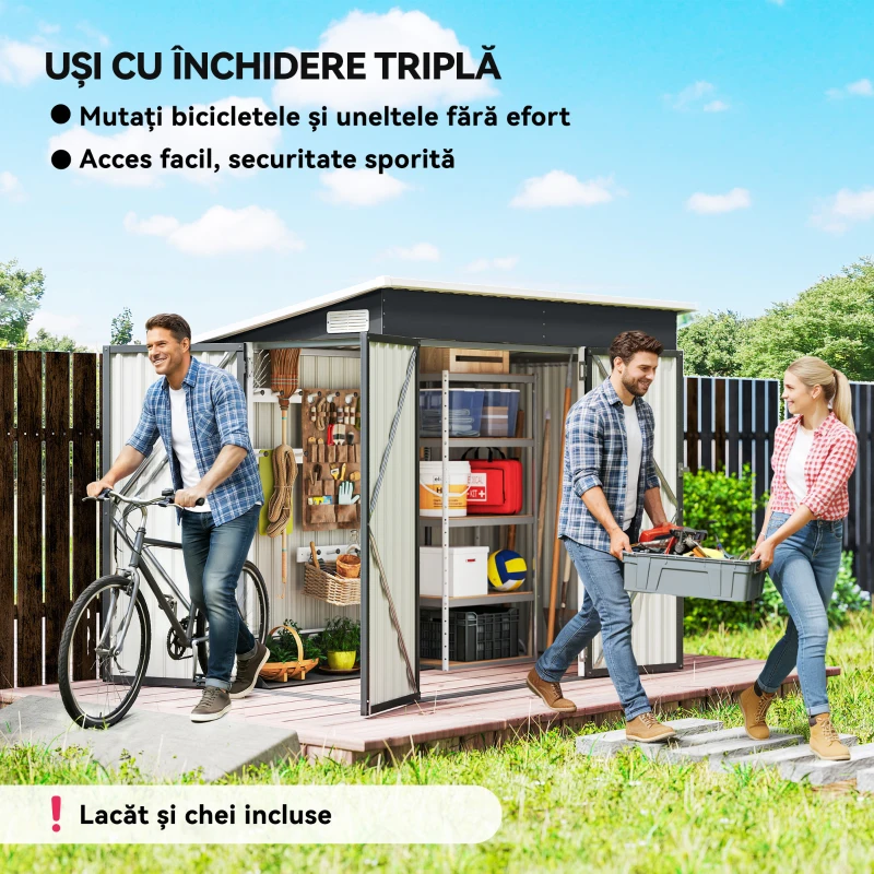 Outsunny Căsuță de Grădină 2.68m² din Oțel Galvanizat cu 3 Uși cu Încuietoare, Căsuță de Depozitare cu Fante de Ventilație, Acoperiș Înclinat și Mănuși, 234x132x185 cm, Gri Închis