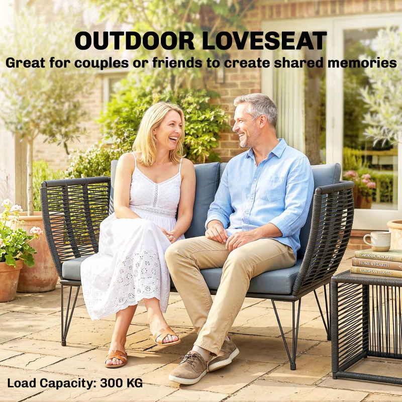 Outsunny Sofa Ogrodowa z Poduszkami 2-osobowa Rattanowa Meble Balkonowe 123 x 67 x 72 cm Jasnoszara