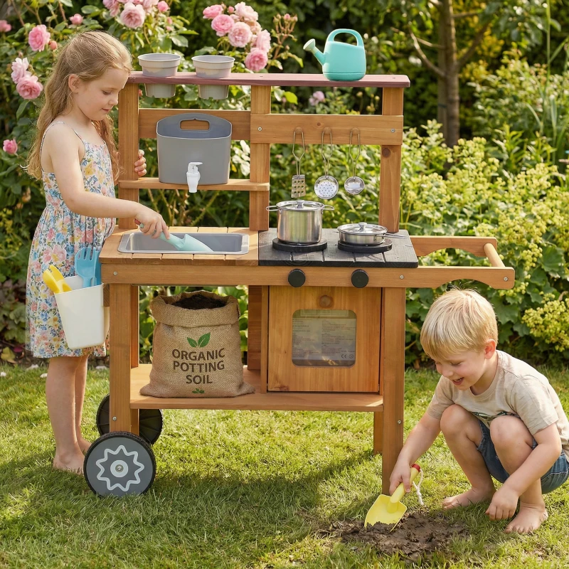AIYAPLAY Wooden Mud Kitchen with Wheels, Stove, Faucet, Flower Pots, Stainless Steel Accessories for Toddlers 3-6, Brown