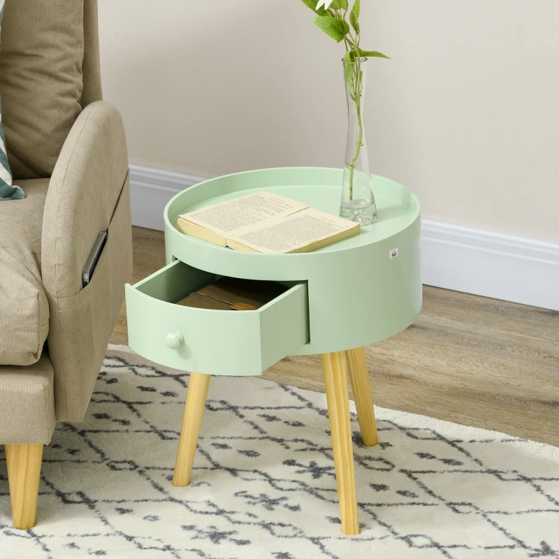 HOMCOM Coffee table bedside table round nightstand Scandinavian design end table with drawer tapered angled legs