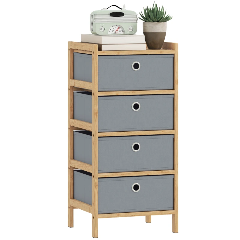 HOMCOM Chest of Drawers, 4 Fabric Drawers Narrow Dresser with Bamboo Frame, Light Grey