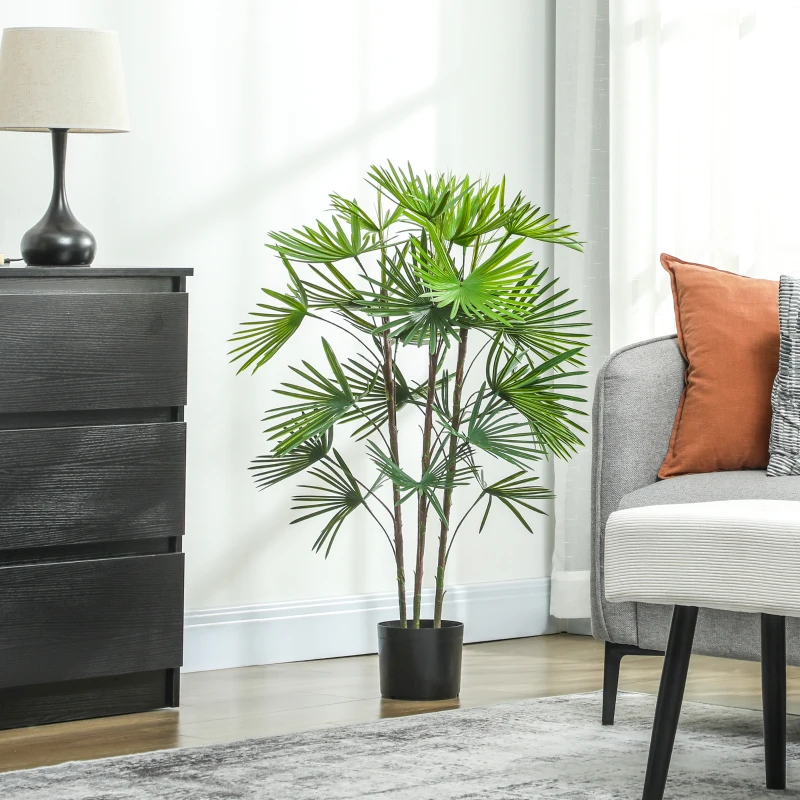HOMCOM 90 cm Indoor Artificial Plant, fan palm artificial tree with plastic flocked pot, green