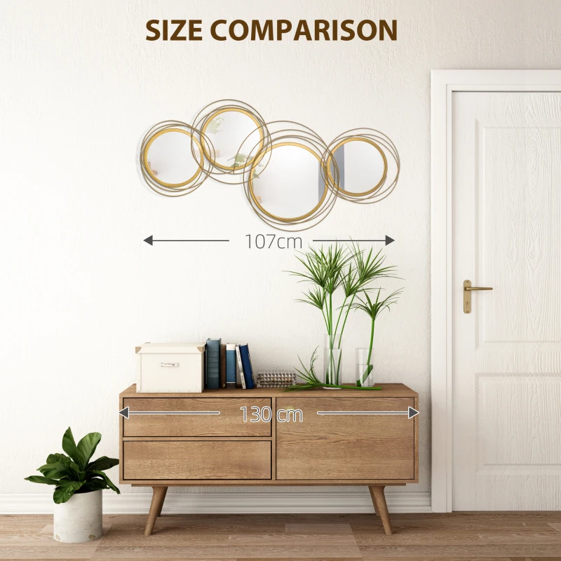 HOMCOM Metal Wall Mirrors, 107cm Modern Decorative Gold Mirror Decor Hanging, Home Wall Sculptures for Living Room Bedroom Dining Room